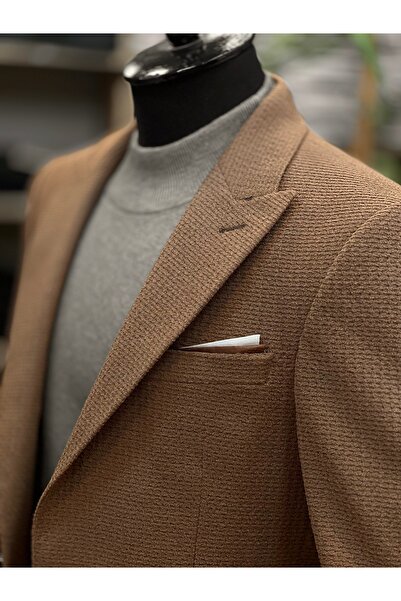 SAVARA Men's Slimfit Dark Tan Winter Fabric Dobby Single Jacket