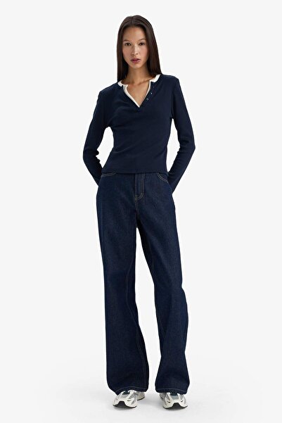 DeFacto Slim Fit Slim Fit Buttoned Collar Ribbed Long Sleeve T-Shirt G3490Ax25Wn