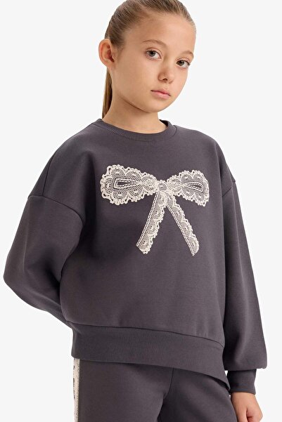 DeFacto Girl's Overshirt Fit Printed Soft Furry Inside Sweatshirt G6269A825Wn