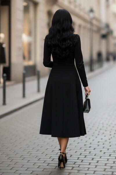 Mossta Black Elegant V-Neck Midi Dress