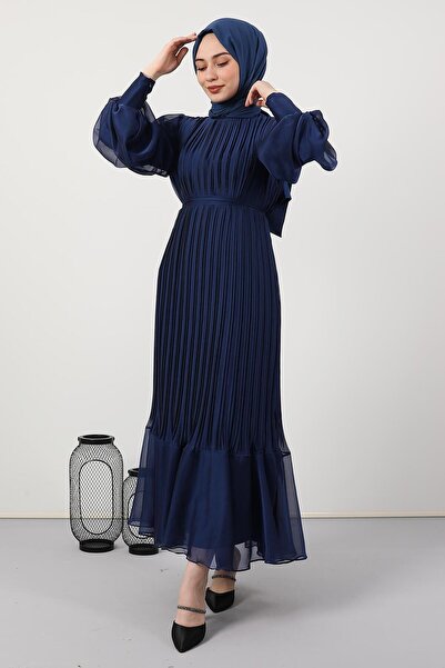 GİYZAMİLA Pleated Janjan Evening Dress Navy Blue