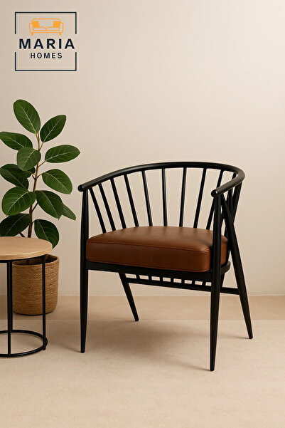 MARIA HOMES Modern Brown Accent Chair – Black Frame Lounge Chair with Soft Cushion for Home and Café