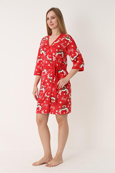 embody Women's Christmas House Coat with Merry Reindeer Print 3/4 red