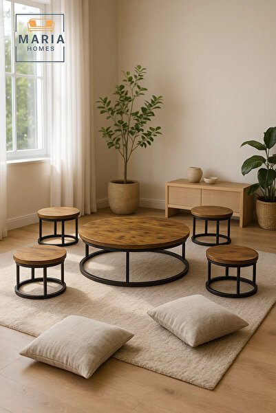 MARIA HOMES طقم طاولة قهوة دائرية ريفية - لمسة نهائية خشبية عتيقة بإطار معدني...