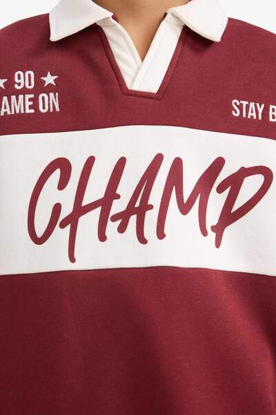 DeFacto Boy's Oversized Wide Fit Polo Neck Printed Soft Fleece Inside Sweatshirt G4384A825Wn