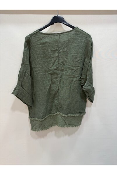 della moor Khaki Italian Tassel 4/3 Sleeve Casual Linen Blouse
