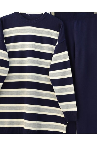 Modamorfo Round Neck Colorful Striped Casual Knitwear Set - Gray