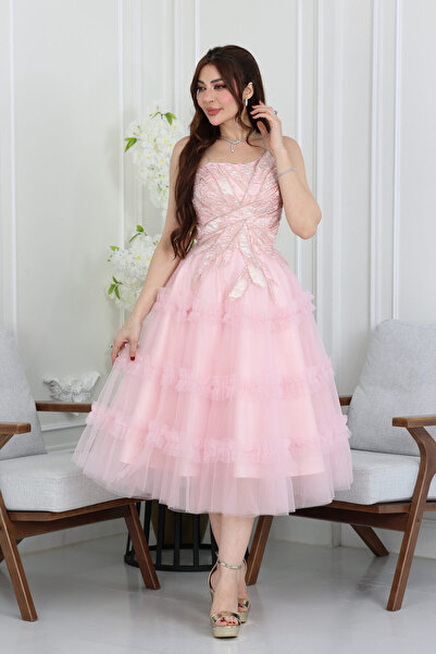 modern designer فستان تل مطرز ميد