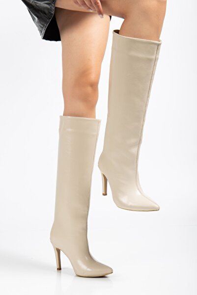Zerenyus Zer-İn-2004 Premium Pointed Toe Thin Heeled Beige Matte Wrinkled Boots