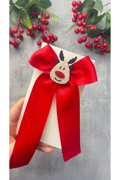 Toka Perisi Handmade Christmas Red Ribbon Bow Deer Clip-On Buckle (6cm with Metal Clip)