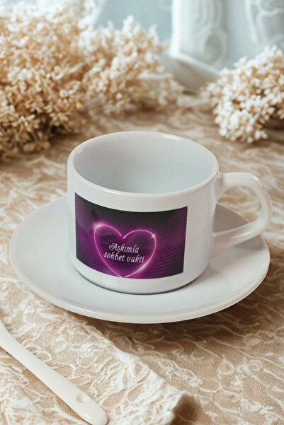 Ahinur Mutfak كوب من الخزف بتصميم رومانسي – “وقت التحدث عن الحب” مطبوع – فنجان قهوة وصحن هدية S