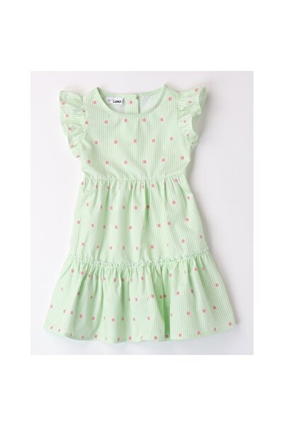 İDO I Do Girls' Dress - Butterfly Print, Knee-Length, 100% Cotton, Green, Size 116 cm