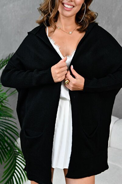 Noi Belis Oversized Basic Hooded Midi Length Knitwear Cardigan Aw25Hi0060