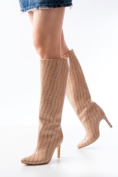 Zerenyus Zer-İn-2004 Premium Pointed Toe Thin Heeled Nut Crocodile Boots