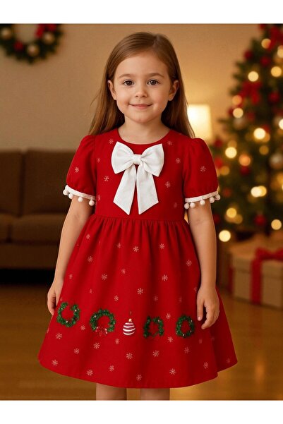 OEM Girls' dress - Festive Christmas pattern, red, with large bow and decorative details