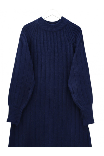 Modamorfo Corded Fabric Slit Long Knitwear Dress - Navy