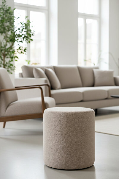 MEFAKS TEKSTİL Modern Silindir Teddy Kumaş Bej Çok Amaçlı Dekoratif Puf