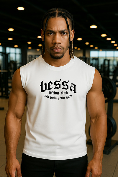 BESSA White Printed Athlete Tank Top Crew Neck Cotton Sleeveless Lifting Club Men's