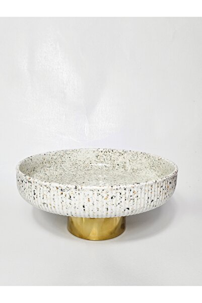 Casalina White ceramic footed platter with granite details and gold base