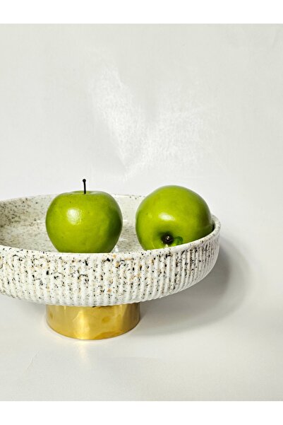 Casalina White ceramic footed platter with granite details and gold base