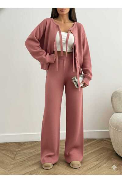 MODA Stylish Knitwear with Rose-Colored Tie-Up Detail, Top-Bottom Set