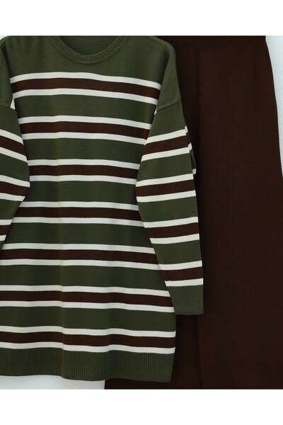 Modamorfo Round Neck Colorful Striped Casual Knitwear Set - Khaki