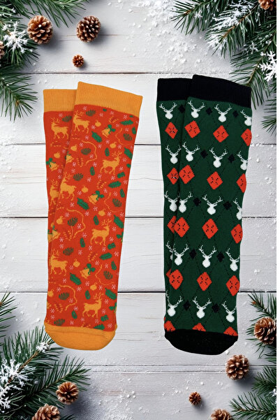 Sofist İstanbul Christmas Themed Cotton Towel Socks Set of 2 Soft Christmas Patterned Socks Set in a Special Gift Bag