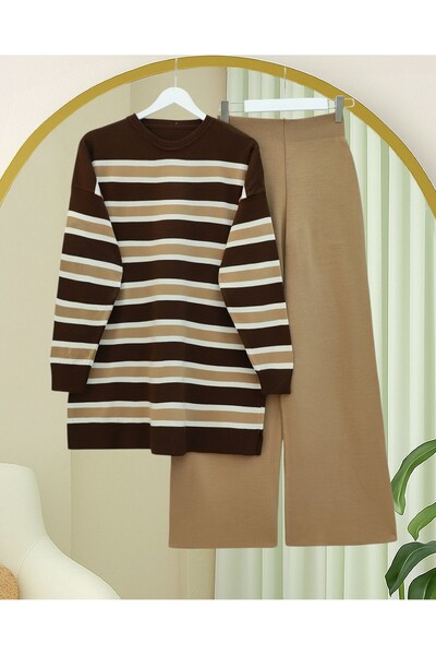 Modamorfo Round Neck Colorful Striped Casual Knitwear Set - Mink
