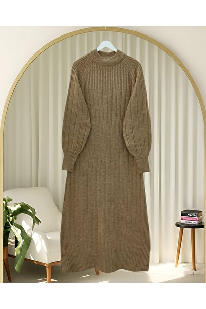 Modamorfo Corded Fabric Slit Long Knitwear Dress -Mink