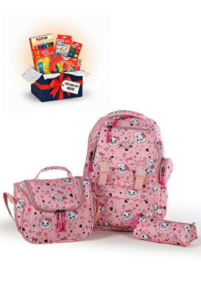 Astral Polo Club Kız Çocuk Pembe Kedi Desenli Okul Çantası Seti 3'lü + HEDİYE...
