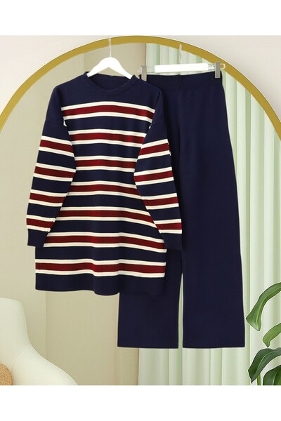 Modamorfo Round Neck Colorful Striped Casual Knitwear Set - Navy