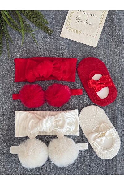 pempem bandana Baby Girl Ribbed Bandana, Pompom Headband, Socks, Set of 3