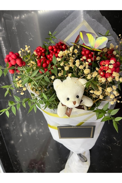 greendeco Kokina çiçeği 9 Dal aranjman beyaz buket (kelebek -ayıçık -cipso )