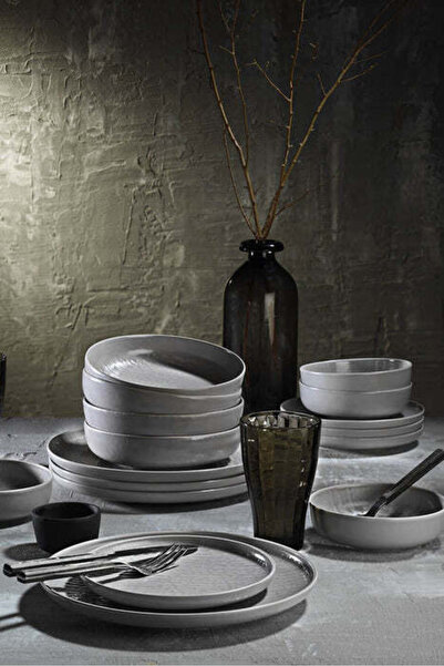 Asi Home Tableware Set 24 Pieces Gray Stripes Porcelain