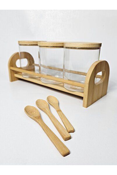 Casalina Set of 3 borosilicate glass spice containers with lids and 3 bamboo spoons