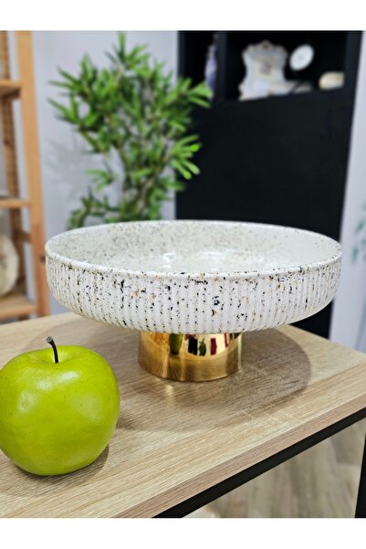 Casalina White ceramic footed platter with granite details and gold base
