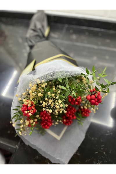 greendeco Kokina çiçeği 9 Dal cipso aranjman siyah buket -şans çiçeği-yılbaşı çiçeği