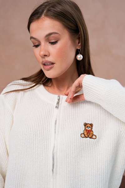 Noi Belis Basic Zippered Teddy Bear Embroidered Knitwear Cardigan Aw25Hi0062