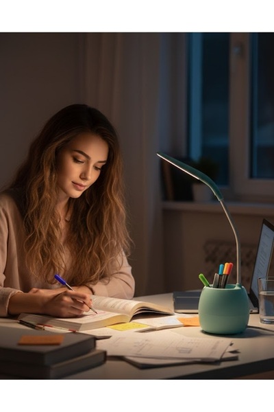 Eşya Dünyası LED Işıklı Esnek Boyun Masa Lambası – Kalemlik Gövdeli Çalışma L...