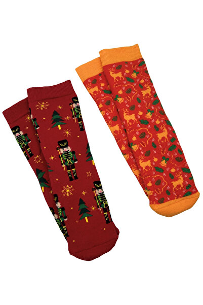 Sofist İstanbul Christmas Themed Cotton Towel Socks Set of 2 Soft Christmas Patterned Socks Set in a Special Gift Bag