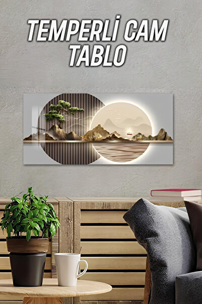 kutuTR 3D Görünümlü Temperli Cam Tablo – Dağ ve Gün Batımı Temalı UV Baskı 60...