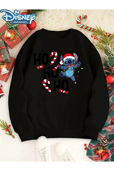 PALPİTO Women's Black Christmas Stitch Printed Crew Neck Oversized Sweatshirt