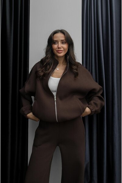 Havoş Brown Fleece-Lined bomber tracksuit set