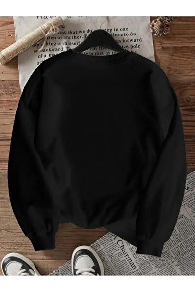 PALPİTO Women's Black Christmas Stitch Printed Crew Neck Oversized Sweatshirt