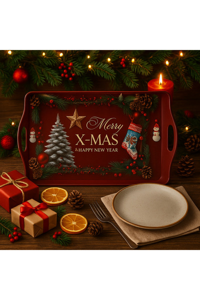 ATAGİFT HEDİYELİK Merry Patterned Christmas Themed Red Metal Presentation Tra...