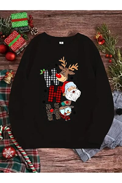 PALPİTO Women's Black Ho Ho Ho Christmas Printed Crew Neck Oversized Sweatshirt