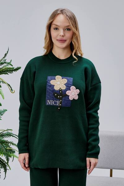 Jinx Wear Fashion Jeans Applique Pearl Detail 2 Piece Acrylic Women's Knitwear Set