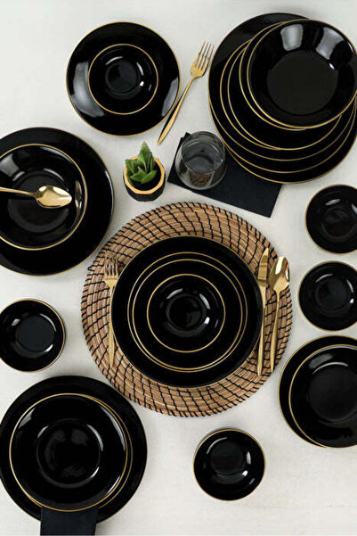 Asi Home Ty Black 24-Piece Ceramic Dinnerware Set, Black/Gold
