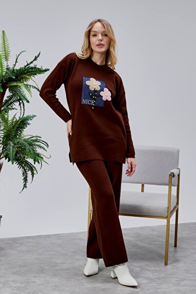 Jinx Wear Fashion Jeans Applique Pearl Detail 2 Piece Acrylic Women's Knitwear Set