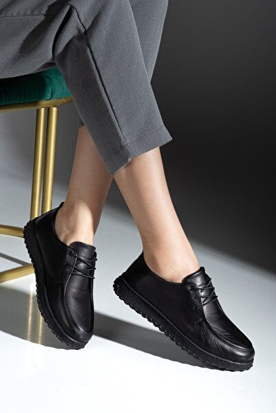 ALPELLİByAlp Women's Black Genuine Leather Soft Design Orthopedic Lightweight Oxford Casual Shoes